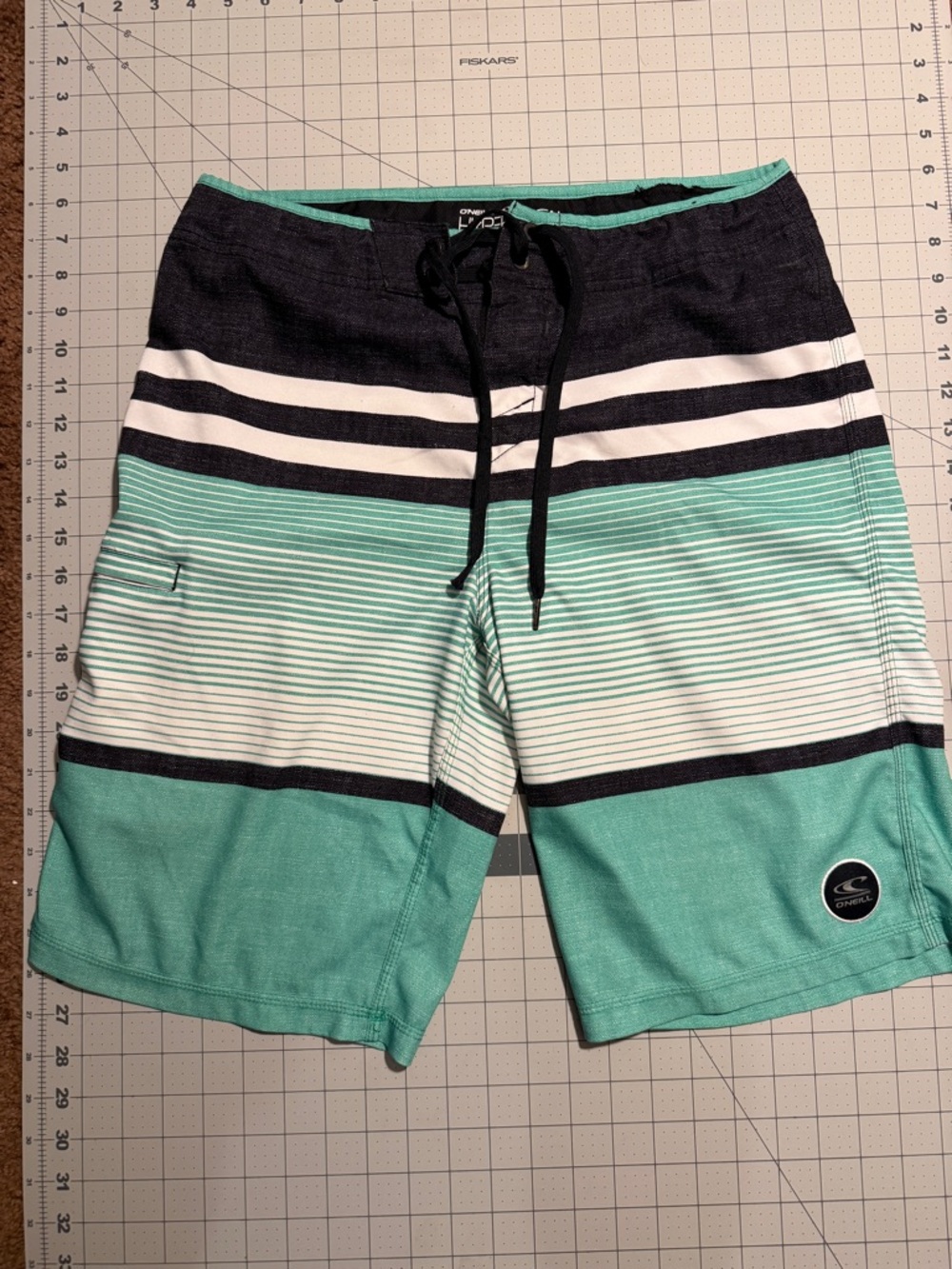 O'Neill Men's Teal, Black & White Striped Boardshorts